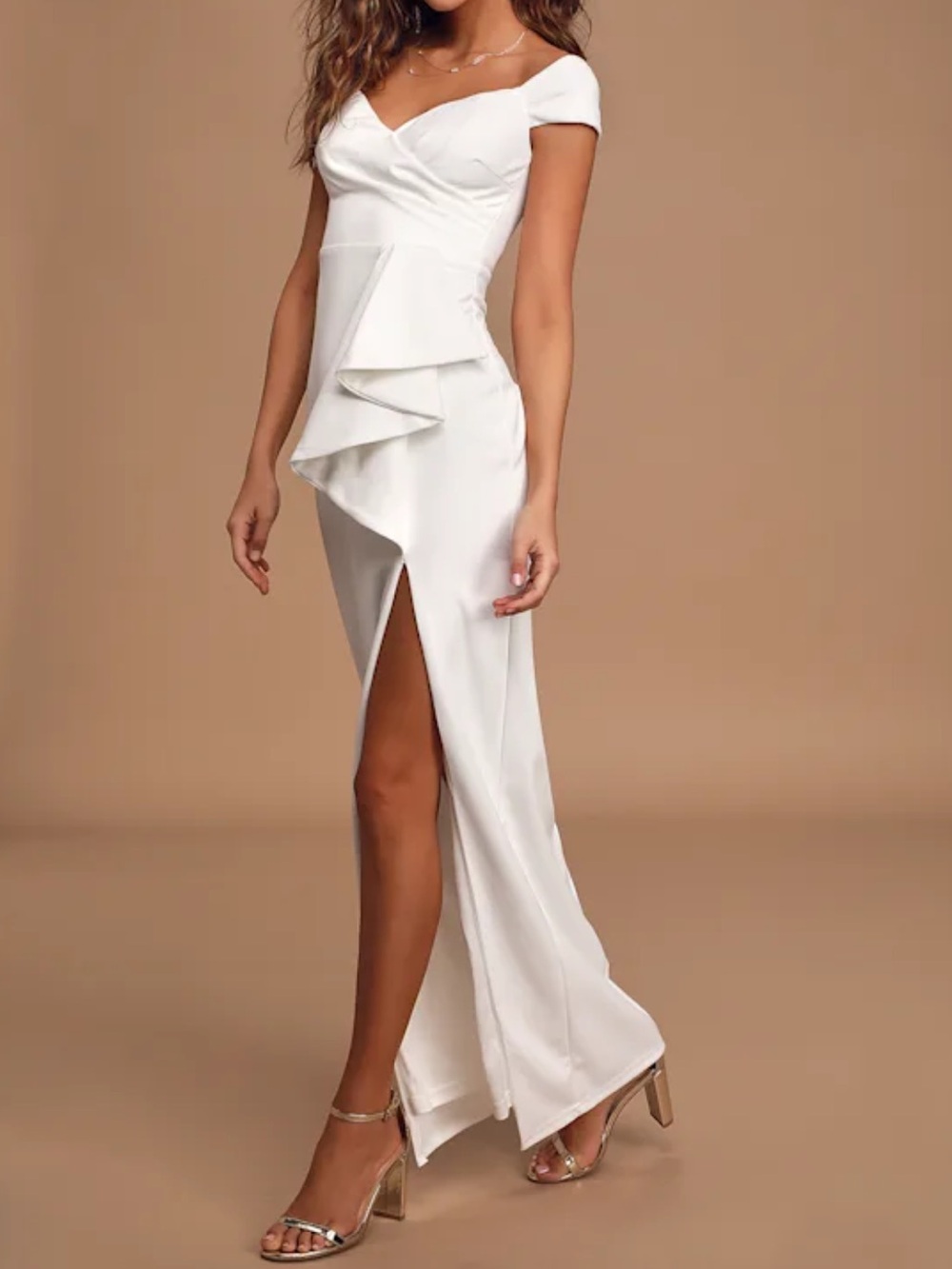 Lulu's White Asymmetric Ruffle Maxi Dress with Thigh Slit